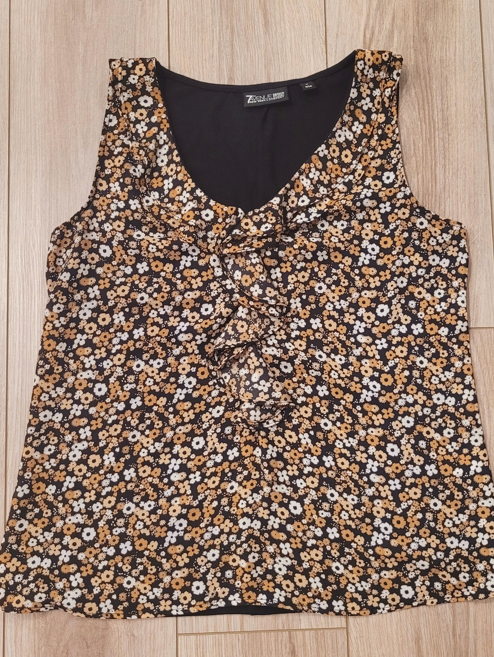 New York & Company Black White Mustard Floral Ruffle Sleeveless Top Medium